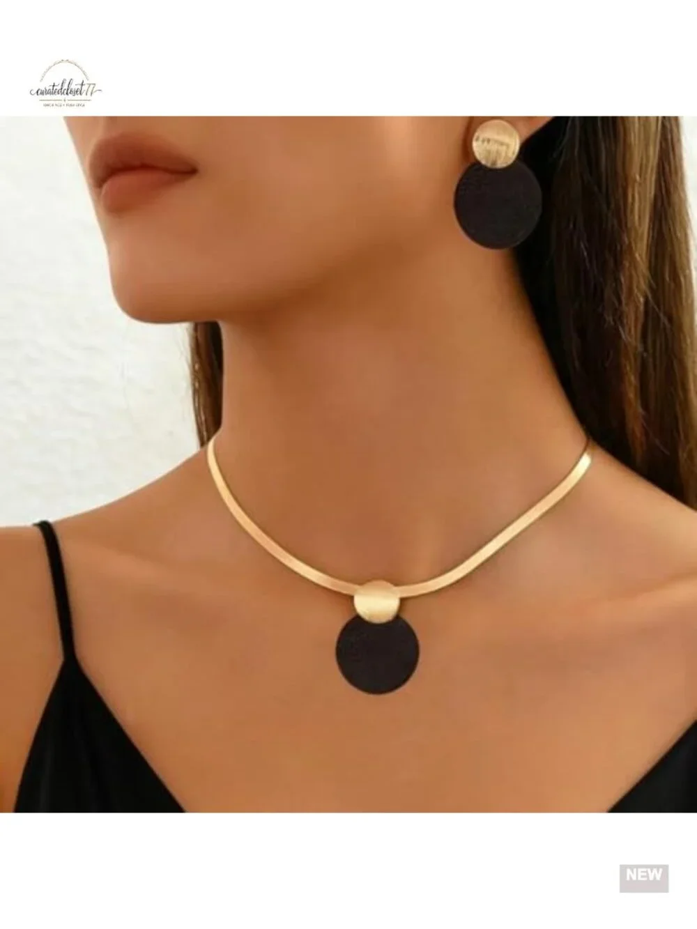 Chunky Disc Pendant Necklace Drop Earrings Set, Herringbone Choker, Statement